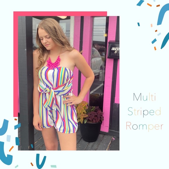 Pants - White Multi Striped Strapless Romper